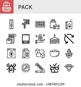Set of pack icons such as Backpack, Chocolate bar, Tattoo machine, Chocolate box, Shopping bag, Juice box, Packing list, Paper bag, Container, Do not roll, Flour, Milk , pack