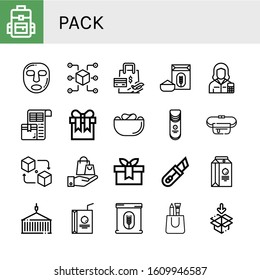 Set of pack icons. Such as Backpack, Facial mask, Packet, Shopping bag, Flour, Accountant, Packing list, Gift, Crisps, Belt pouch, Cutter, Juice box, Container, Packaging , pack icons