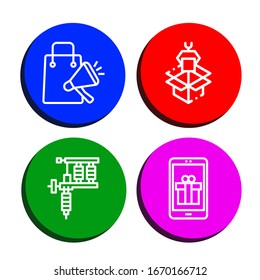 Set of pack icons. Such as Shopping bag, Packaging, Tattoo machine, Gift , pack icons