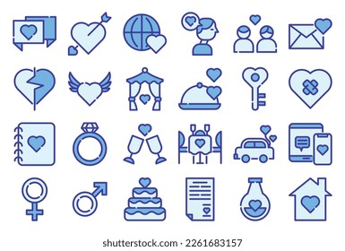 A set pack of Love (blue color) icons set. The collection includes for mobile app, web design, in a moment of celebration, Valentine's Day, wedding, birthday and others.