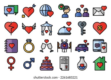 A set pack of Love (linear color) icons set. The collection includes for mobile app, web design, in a moment of celebration, Valentine's Day, wedding, birthday and others.
