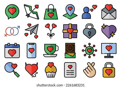  A set pack of Love (linear color) icons set. The collection includes for mobile app, web design, in a moment of celebration, Valentine's Day, wedding, birthday and others.