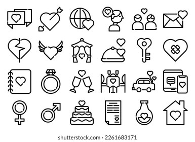 A set pack of Love (outline) icons set. The collection includes for mobile app, web design, in a moment of celebration, Valentine's Day, wedding, birthday and others.