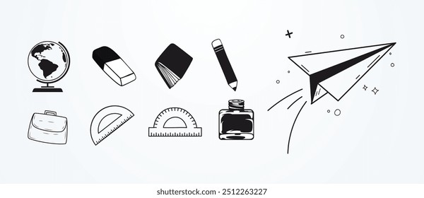 set pack of school stationery concept illustration elements for back to school banner. Education, students and teachers. Vector simple school stationery elements