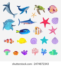 set pack of sea animals and coral reef elements. For banners and brochures. Vector design with concept of beach holiday recreation