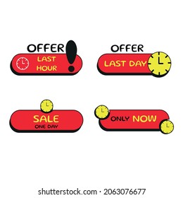 Set-Pack-Tag der Aufkleber Banner zum Verkauf zu einem Rabatt. Shopping oder Online-Shopping. elektronischer Geschäftsverkehr. Angebot, letzte Stunde, letzter Tag, Verkauf eines Tages, nur jetzt. roter Hintergrund mit Uhr