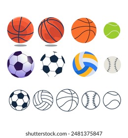 set pack of vector illustrations of various types of balls, basketball, volleyball and soccer ball. elements for designs with sports concepts, national sports matches, sports day celebrations