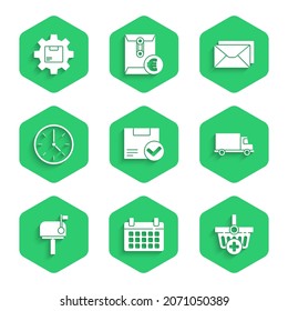 Set Package box with check mark, Calendar, Add to Shopping basket, Delivery cargo truck vehicle, Mail, Clock, Envelope and Gear wheel package icon. Vector