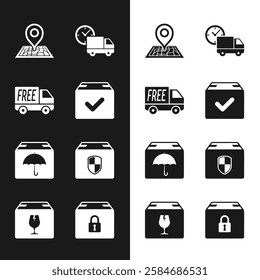 Set Package box with check mark, Free delivery service, Placeholder on map, Delivery truck and clock, package umbrella, security shield, Locked and fragile content icon. Vector