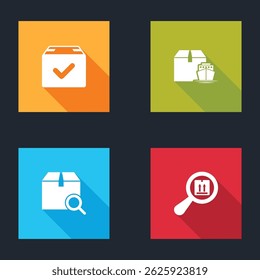 Set Package box with check mark, Cargo ship boxes, Search package and  icon. Vector