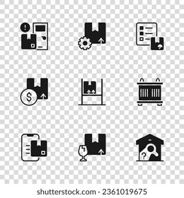 Set Package box with fragile content, Container, Warehouse check, interior boxes, Verification of delivery list, Home services, Gear package and Carton cardboard icon. Vector