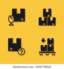 Set Package box with fragile content, Cardboard boxes pallet, Carton cardboard and  icon with long shadow. Vector