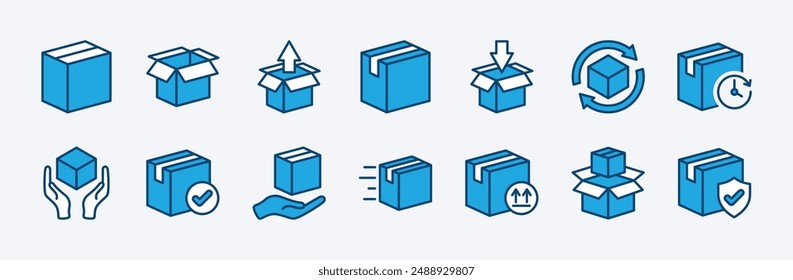 Set of package box icon vector. Containing open cardboard, fast delivery box, container, parcel protection, storage, good packing, fragile, wrapped, offer, processed, product shipping, merchandise