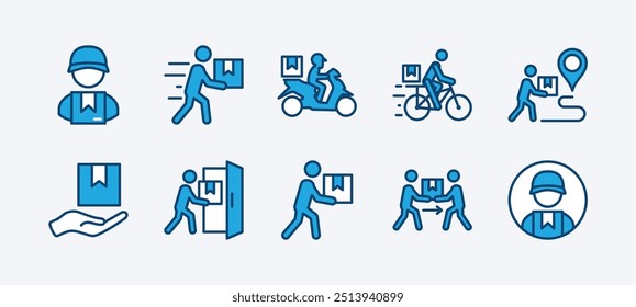 Conjunto de icono de mensajería de entrega de paquetes. Servicio de envío o envío de paquetes. Conteniendo hombre, motocicleta, bicicleta, seguimiento, recibir paquete, humano dar caja de cartón. Ilustración vectorial