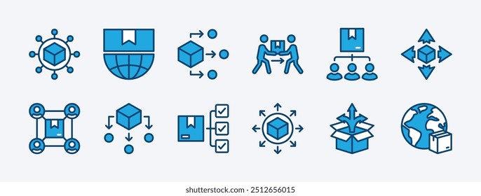 Conjunto do ícone de distribuição de entrega de pacote. Negócio de rede de conexão de entrega global, gerenciamento de processo de entrega. Contendo hierarquia, estrutura, mecanismo, procedimento. Ilustração vetorial
