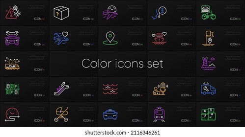 Set of Package, Flight time and Escalator line icons. Include Wholesale inventory, Truck delivery, Flag icons. Car, Honeymoon travel, Train web elements. Food delivery, Warning, Pin. Vector