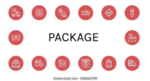 Set of package icons. Such as Delivery, Chip, Shopping bag, Truck, Condom, Crisps, Cube, Van, Home delivery, Bow, Delivery truck, Chewing gum, man , package icons