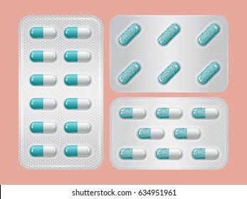 Set of package of pills. Group of realistic blue pharmaceutical drugs. Vector illustration.