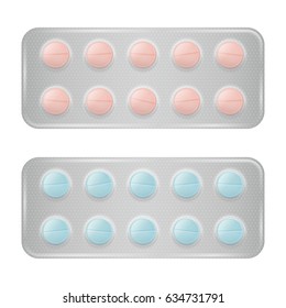 Set of package of pills. Realistic group of pharmaceutical drugs. Vector illustration.