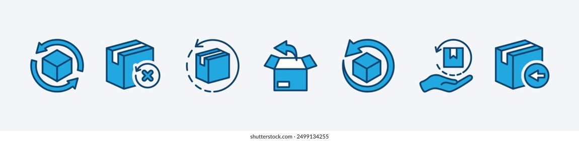 Set of package return icon. Delivery or shipping box with undo, rotation, backward, and circle arrow. Containing restore, cancel, back, repeat, reverse, recovery, replace, rebuild. Vector illustration