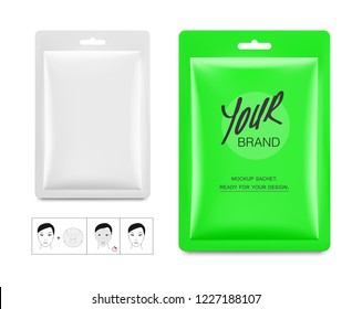 Set of package sachet with cosmetic mask. Vector illustration isolated on white background. Can be used for medical, cosmetic and hygiene. EPS10.