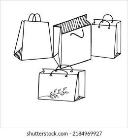 set package for shopping and gifts, mockup, outline illustration.