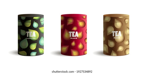 Set of package for tea with stylized graphic of tea leaves pattern on realistic tube cylinder box in tree colors, isolated