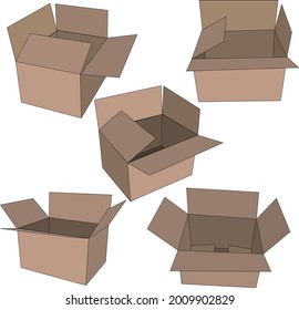 A set of packages of cardboard boxes on a transparent background. Open cardboard packaging for the delivery of moving, gifts. Empty space for signs, text.