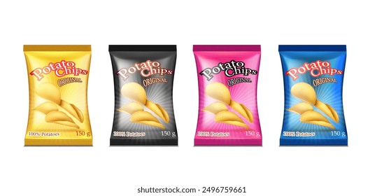 A set of packages of chips with different flavors. Vector illustration