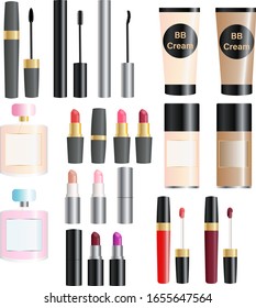 Set of packages for decorative cosmetics. Base for makeup, bb cream, mascara, lipstick, lip gloss.