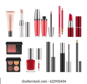 Paket für dekorative Kosmetik. Realistische leere Schablone von Behältern für Wimpern, Schatten, Lippenstift und Lippenglanz, rote Nagelpolitur, Lippenstift und Augen. Vektorgrafik einzeln