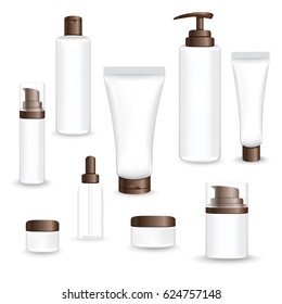 Set packages for face and body cosmetic. lotion, serum, oil, tube, shampoo, cream bottles vector illustration