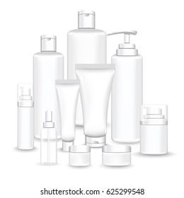Set packages for face and body cosmetic. lotion, serum, oil, tube, shampoo, cream bottles vector illustration