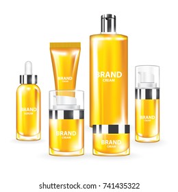 Set packages for face and body cosmetic. lotion, serum, oil, tube, shampoo, cream bottles vector illustration
