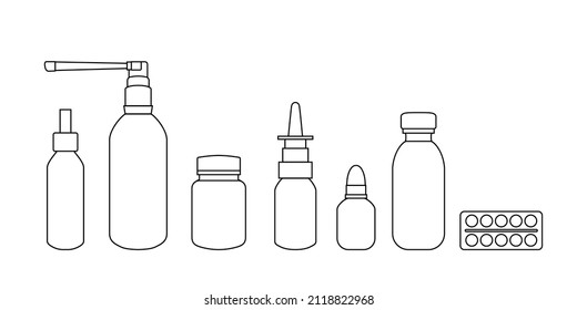 A set of packages for medicines. Spray for the nose and throat, tablets, vitamins, medicinal drops, antibiotics. Linear vector illustration of a bottle, vial, blister, jar isolated on a whit.