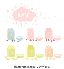 Set of packages of milk or yogurt, fruits and berries on a table. Vector elements for design of healthy breakfast