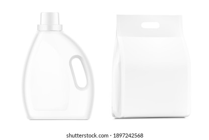 Set of packages mockup bottle and a standing bag. Vector illustration isolated on white background. Best solution for presentation your brand, design, promo and etc. EPS10.