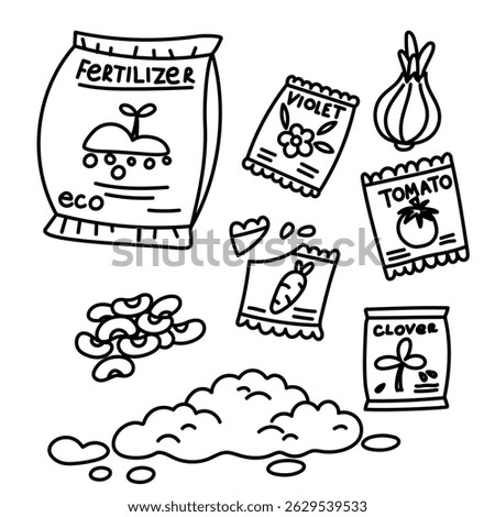 set of packages with soil seeds, fertilizer, onion, beans. Doodle monochrome illustration. It is suitable for packaging, posters, decoration of garden products, blogs, flower shops. planted in spring
