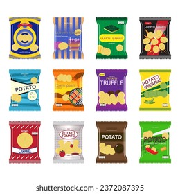 Set of packaging bag with various flavors snacks on white background.