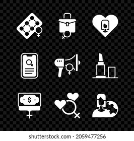 Set Packaging de píldoras anticonceptivas, Work for women, Heart with, Money Growth woman, Female gender, Women de diferentes países, Dating app e ícono activista feminista. Vector