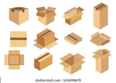 Set  packaging box. Isometric images . closed and open cardboard boxes on white background. vector illustration
