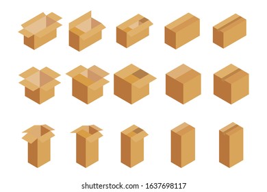 Set  packaging box. Isometric images . closed and open cardboard boxes on white background. vector illustration