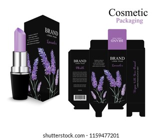 Ajuste el diseño de pintalabios de la caja de embalaje.Cosmética de lavanda púrpura. Hidratación de pintalabios faciales y caja para venta anual, venta del festival o su marca.Flores color morado pintado lujo y belleza.