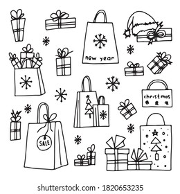 Set of packaging for Christmas.  Paper bags decorated with snowflakes and Christmas trees.  Gift bag.  Boxes of different sizes with bows.  Santa hat.  Vector illustration.