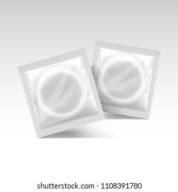 Set of Packaging with a condom for your design and logo. Realistic White Blank template. Vector Mock Up illustration for your design