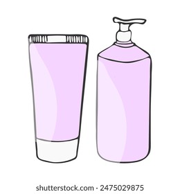 A set of packaging for cream in doodle style.
Set of skin care cosmetics. Bottles and tubes icons for women. Vector flat illustration.