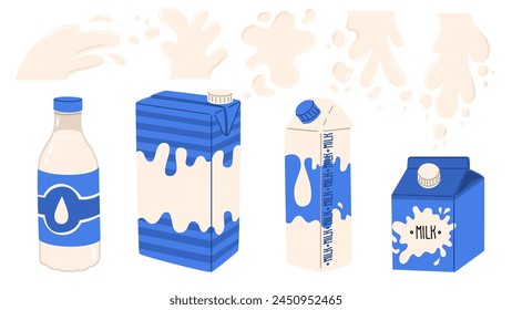 A set of packaging with dairy products and splashes of milk with drops. World Milk Day. Images for farmers and grocery stores. Vector illustration isolated on transparent background.