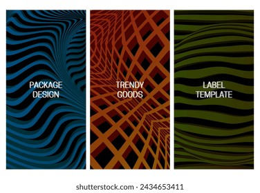 Set von Verpackungsdesign mit abstrakten volumetrischen Hintergründen mit futuristischen 3D-Dekorationen.
