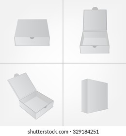 Set of packaging design box mockup. Gray square shape in four views. Mock-up template ready for your branding design.  Vector EPS10 illustration.