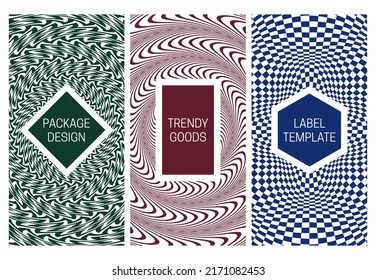 Conjunto de diseño de embalaje con un patrón creativo monocromo. Fondos ópticos Trippy con marcos para texto.